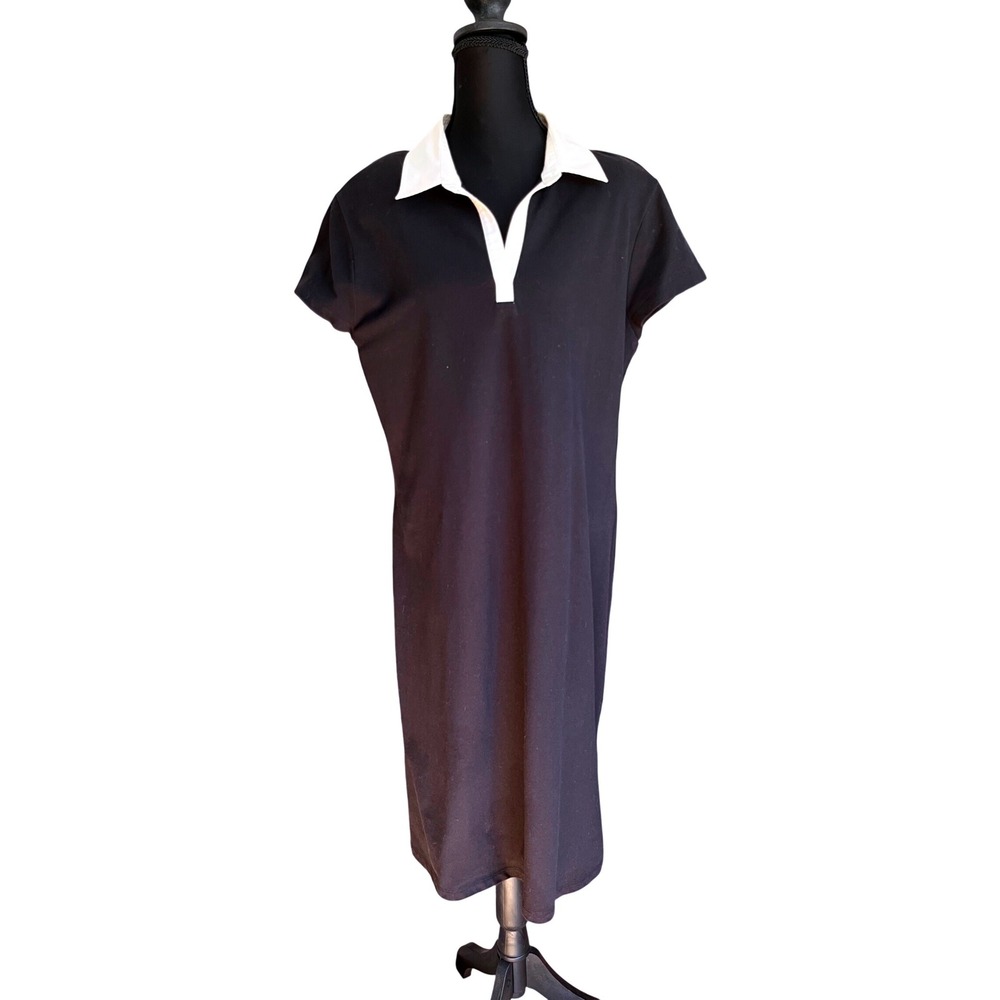 Talbots Womens Black White Contrast Collar Polo V-Neck Short Sleeve Midi Dress L